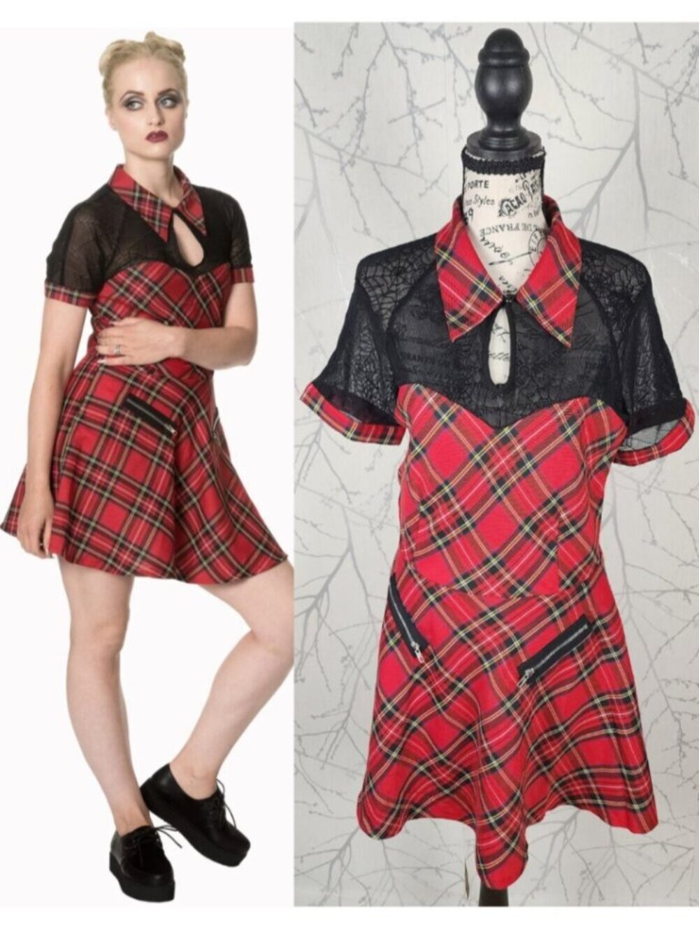 Banned Red Plaid Mesh Illusion Neckline Skater Dress
